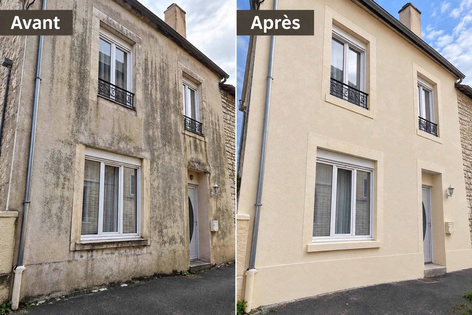 Photo avant après de travaux de ravalement de façade dans une ruelle de Dijon.